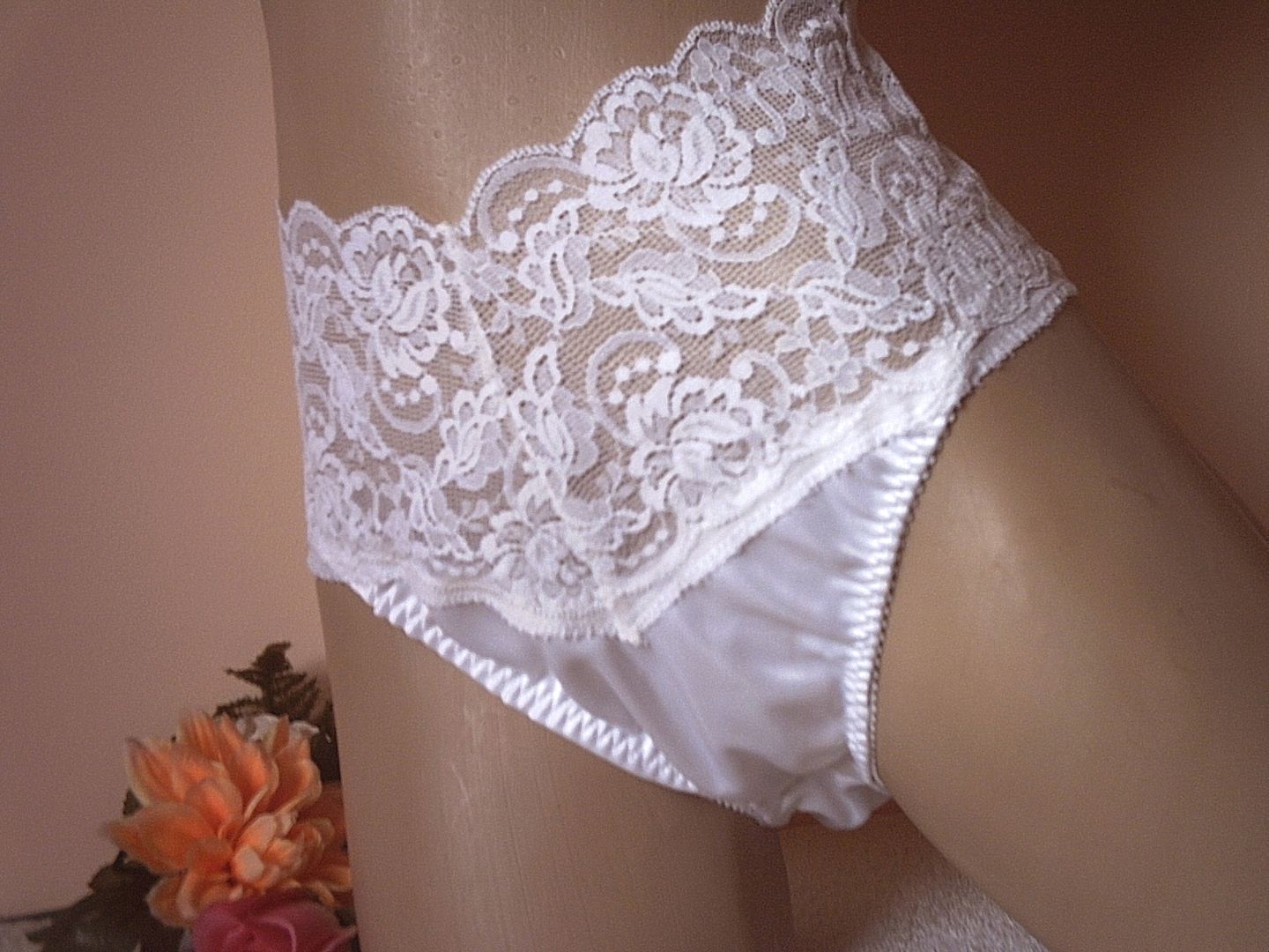 Gorgeous White Handmade Deep Lace Silky Nylon Satin Full Brief Panties