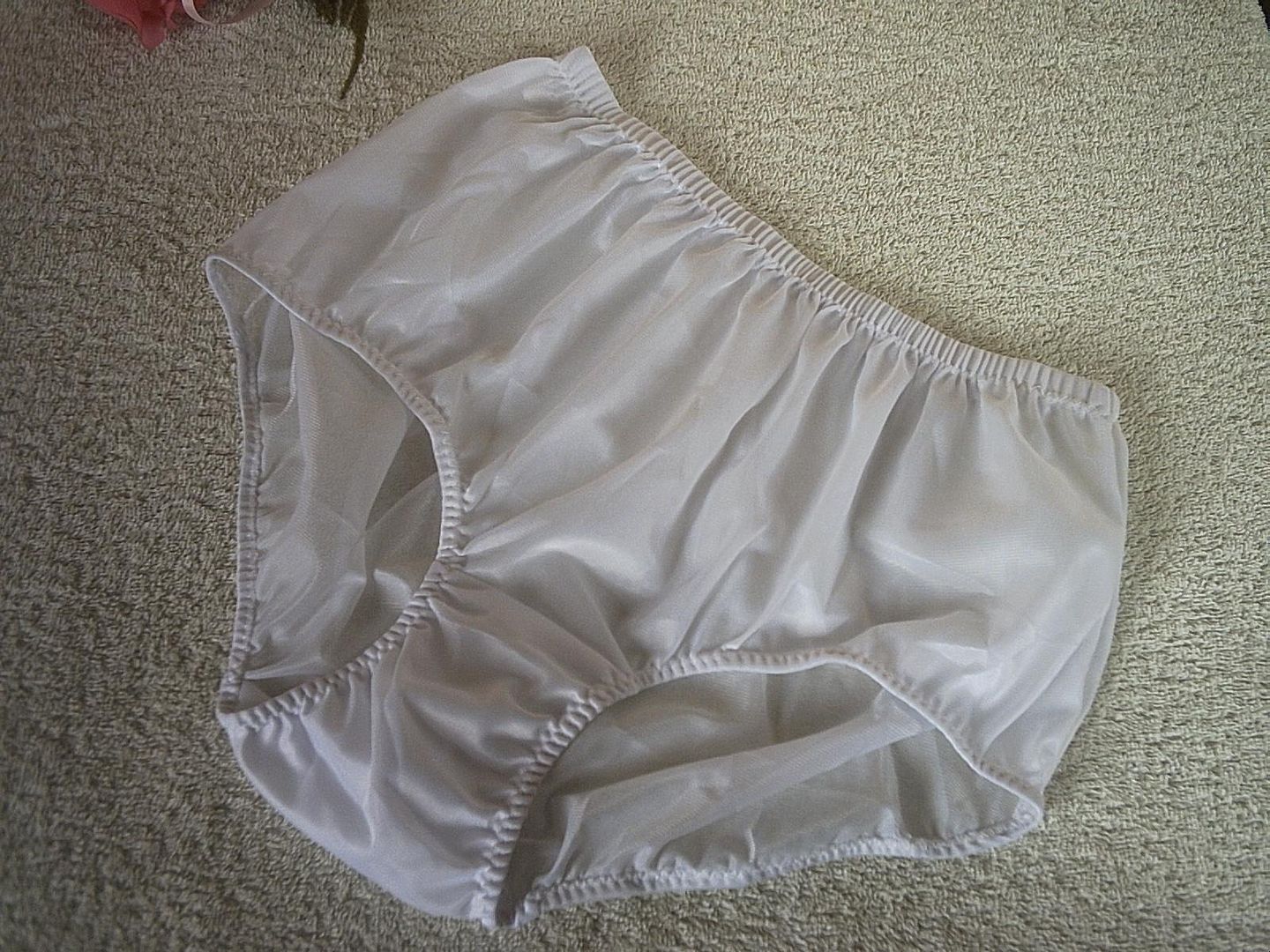 Pretty Silky White Nylon Sissy Vintage Style Full Brief Pinup Panties 