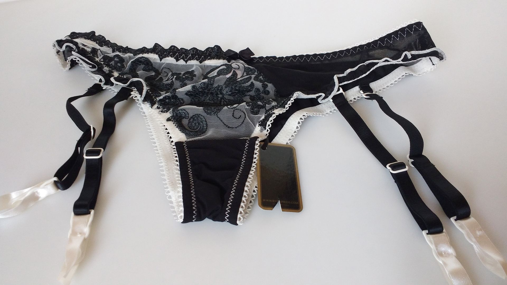 Flirty Ivory/Black Brazilian Mini Panties Lace Garter Knickers 7