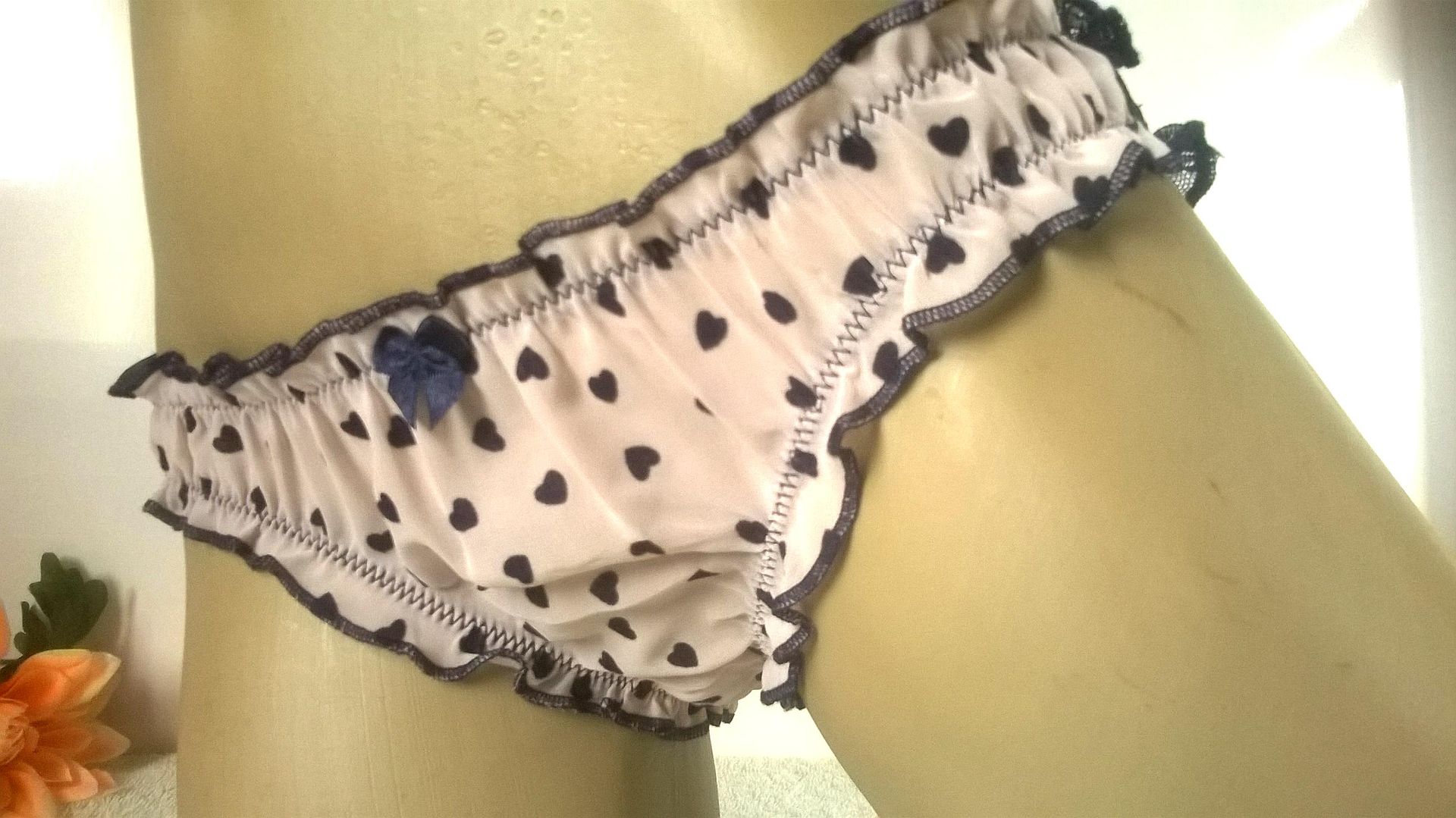 Cream Polyester Crepe Chiffon Bikini Panties Navy Lace Back 1