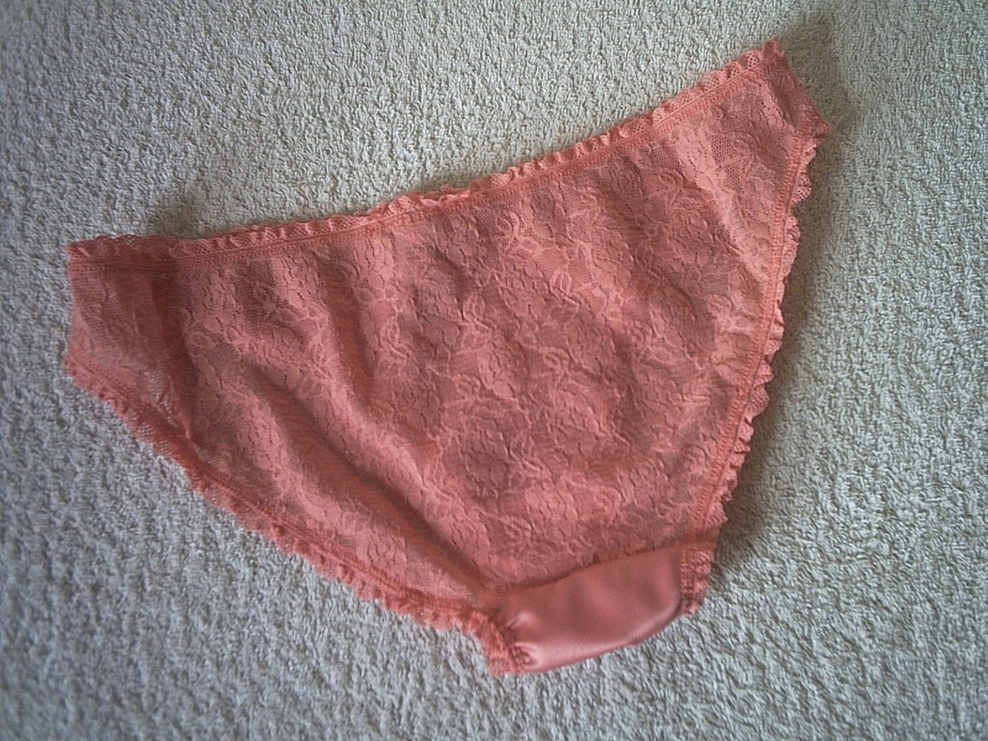 Silky Salmon Pink Satin N Ultra Soft Lace Bikini Brief Panties Frilly