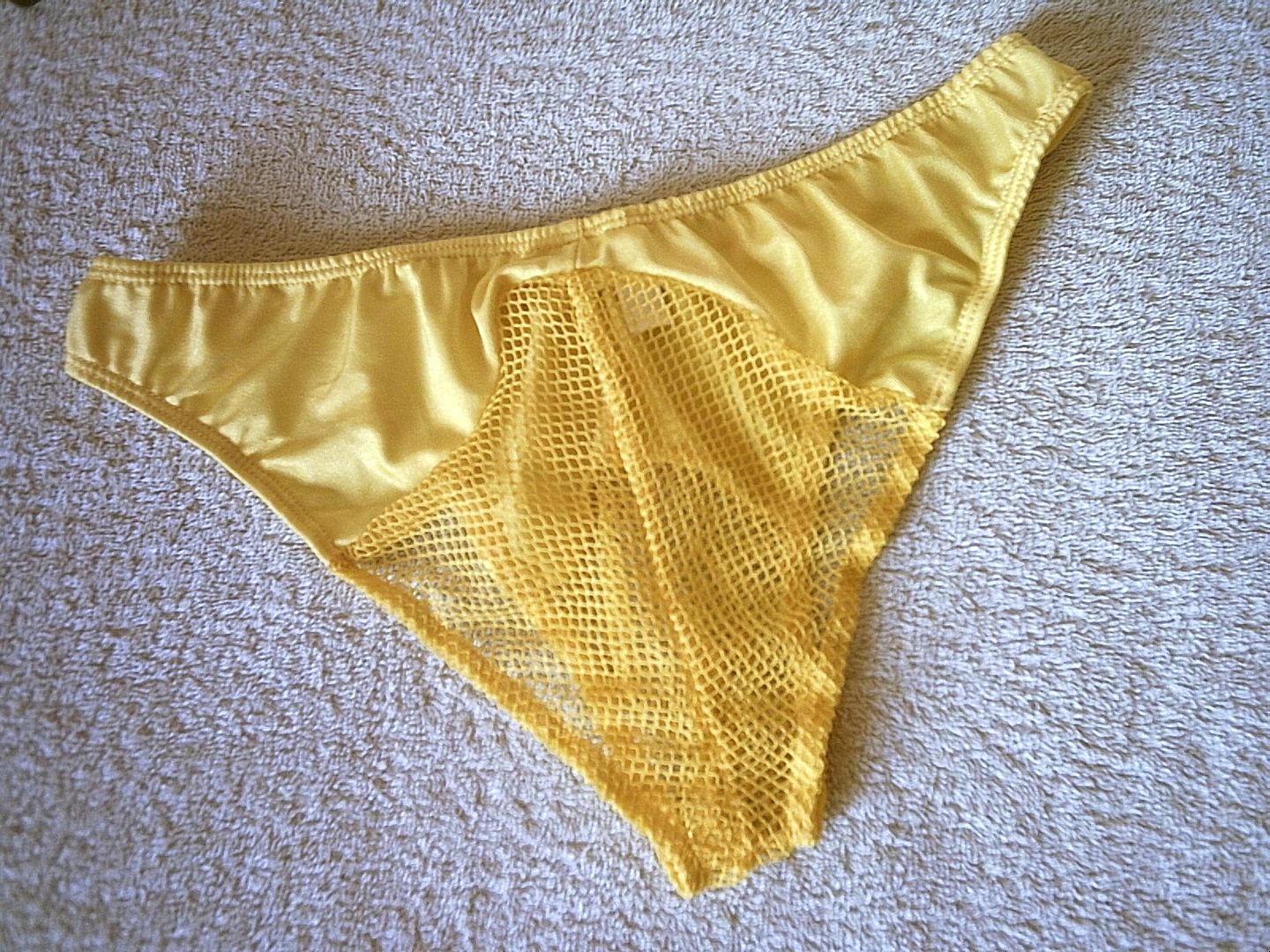 Sexy Mens Yellow Silky N Sheer Net Mini Bikini Pouch Panties 