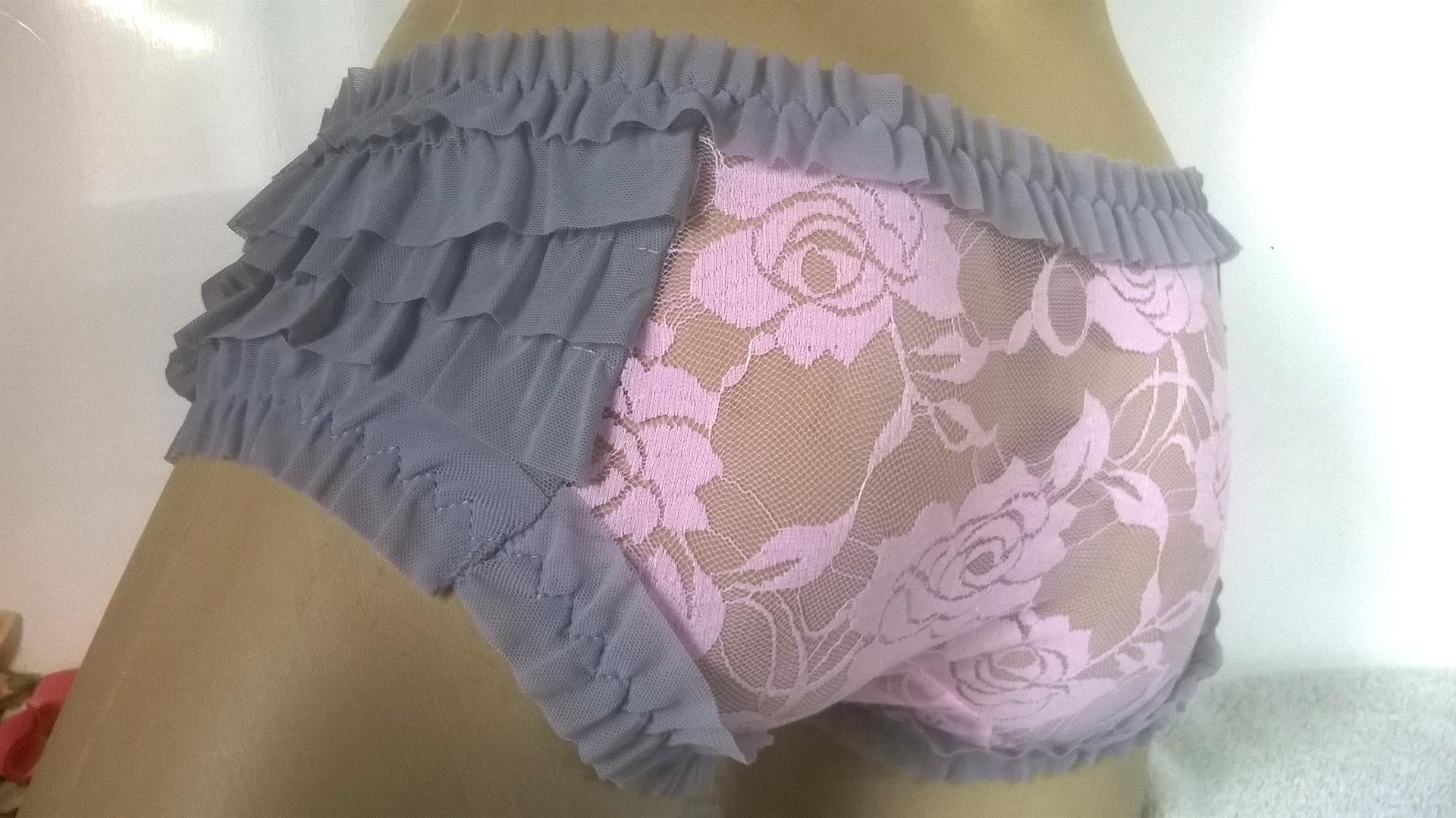 Cute Sissy Grey Ruffle Baby Pink Lace Shorty Panties Frilly Knickers 3