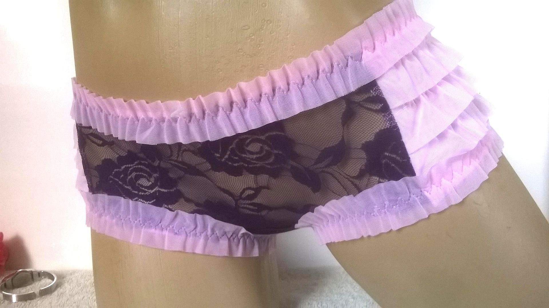 Cute Pink Ruffle Purple Lace Sissy Short Bikini Panties