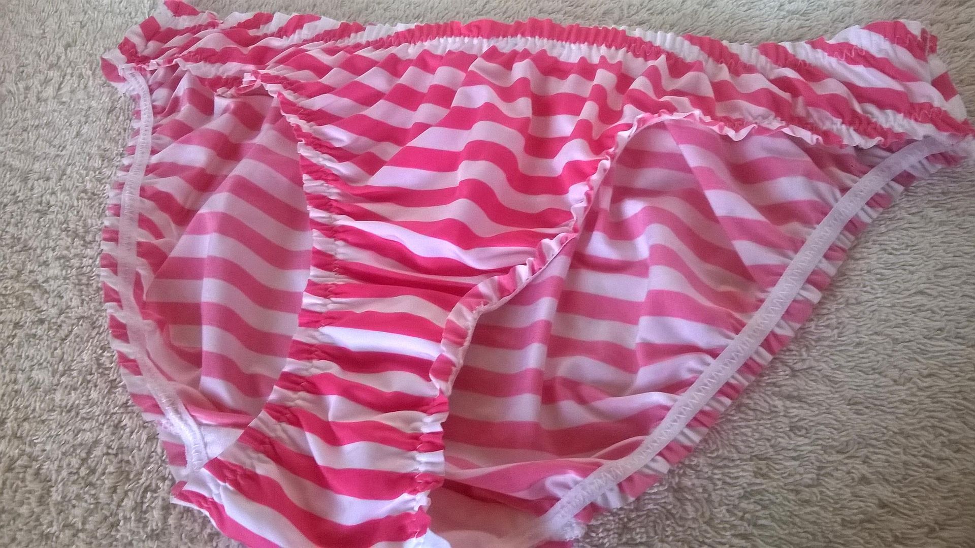 Cute Silky Pink And White Striped Buttery Feel Bikini Panties Frilly