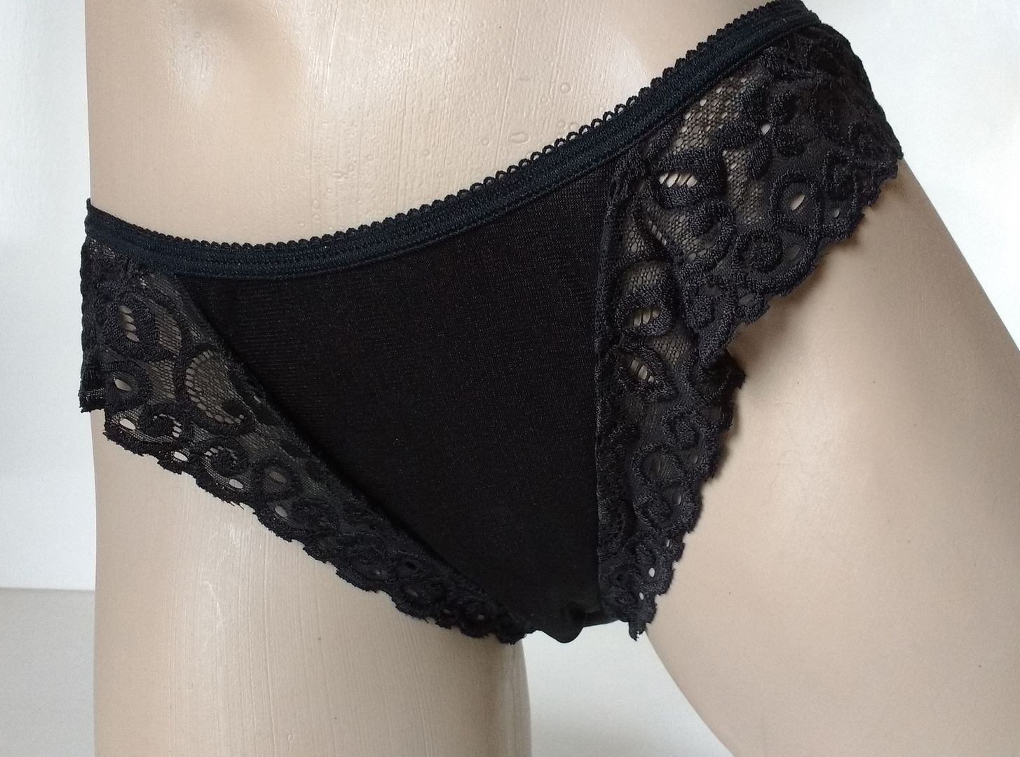 Silky Black Nylon Satin High Leg Panties Frill