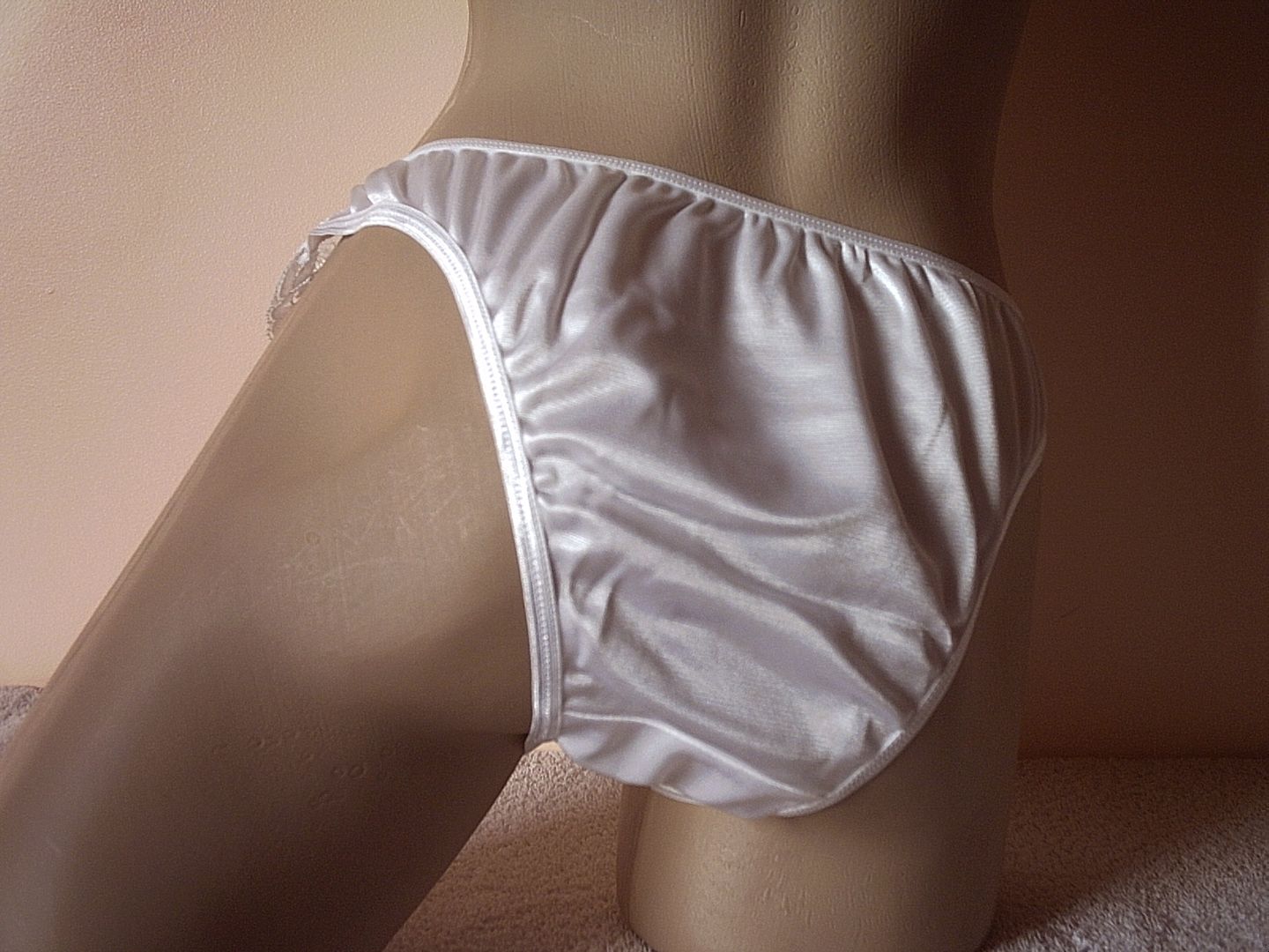 White Nylon Satin Frilly Lace Front High Leg Panties Knickers L