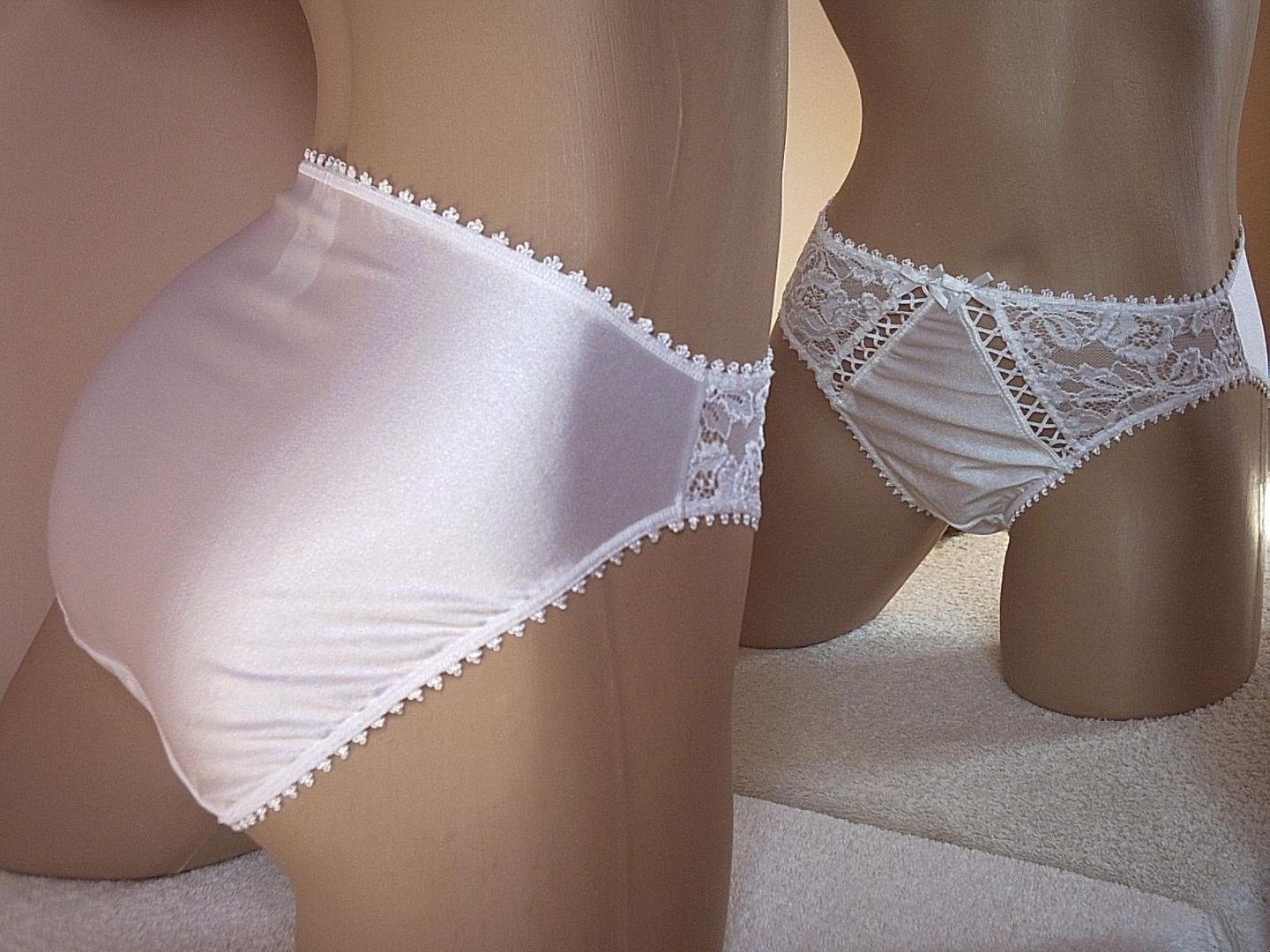 Ladies Pretty Virgin White Lattice Silky High Leg Brief Panties 8/10 XS