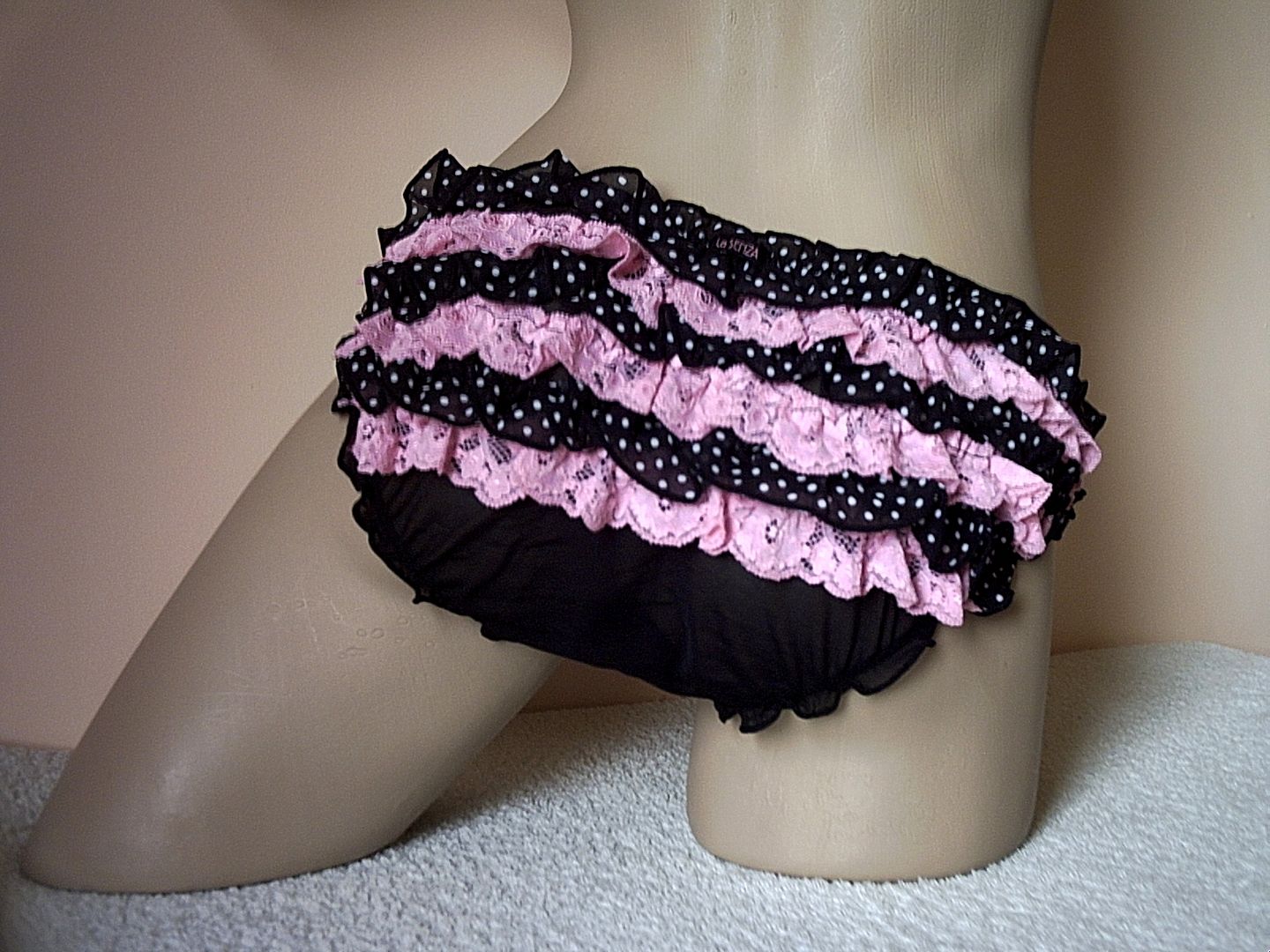 Black Satin & Chiffon Spot Pink Lace Ruffle Bum Frilly Bikini Panties