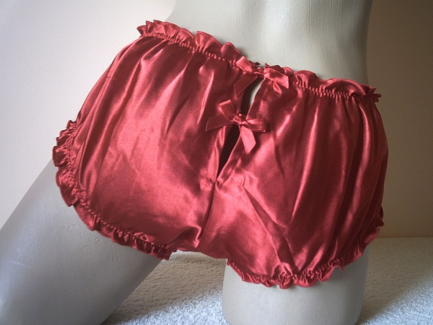 Cute Cherry Red Silky Satin Shorty Brief Panties Frilly Knickers Uk Ml