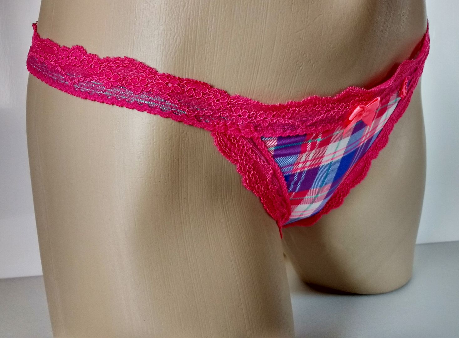 Silky Pink Tartan Check String Bikini Panties Tanga Lace Trim Knickers