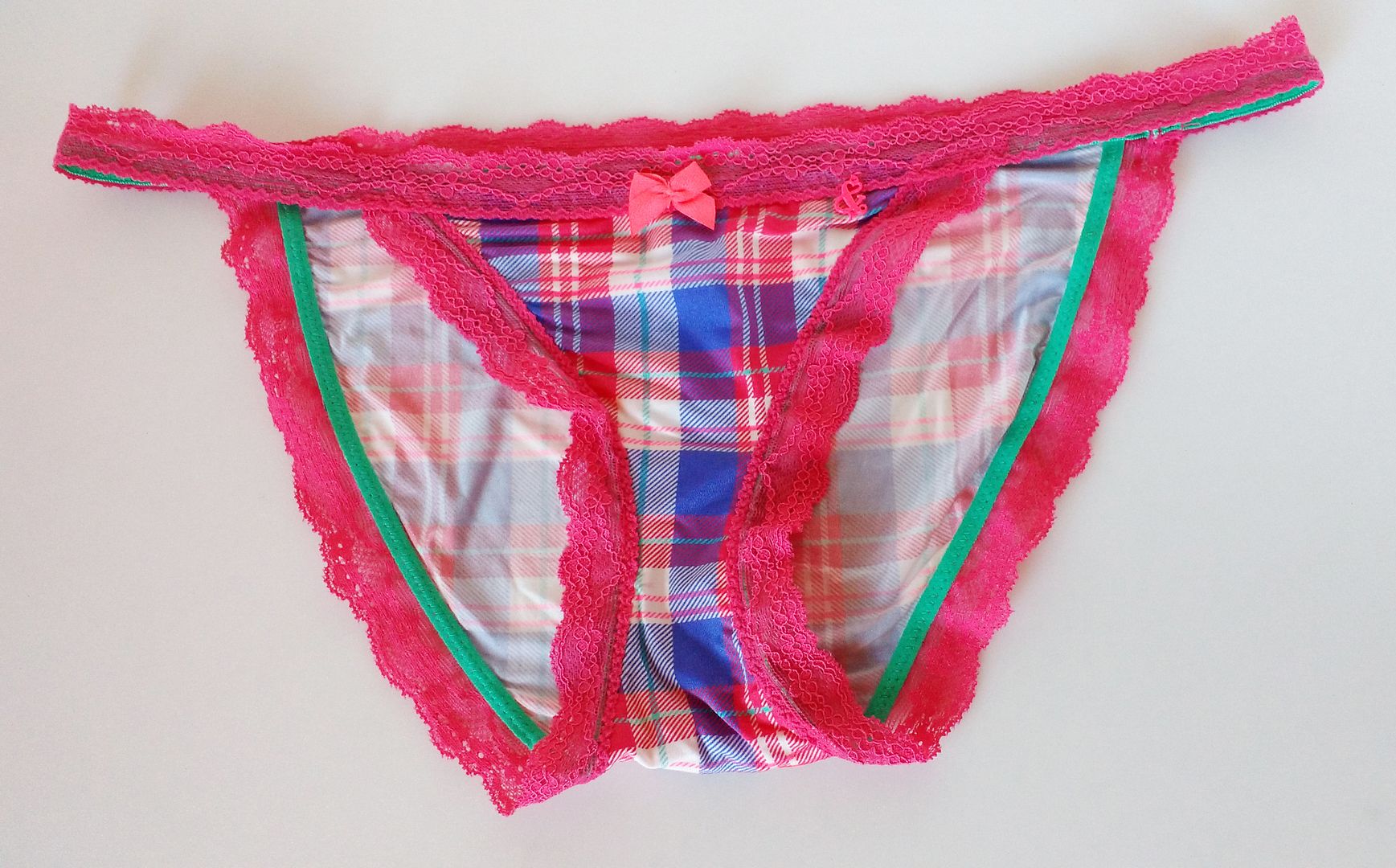 Silky Pink Tartan Check String Bikini Panties Tanga Lace Trim Knickers