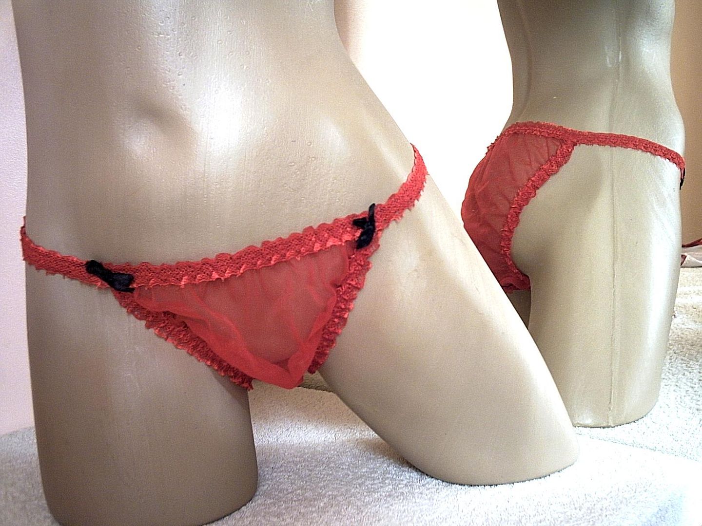 Vintage Red Nylon Tricot Denier Micro String Bikini Babydoll Frilly