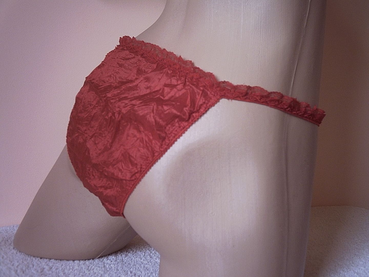 Cute Frilly Rose Red 100% Silk String Bikini Tanga Panties
