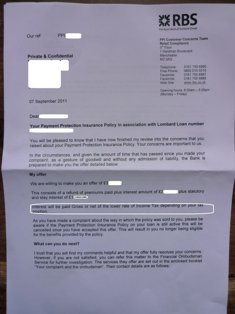 Ppi settlement offer reply letter RBS/Lombard Loan ** SUCCESSFUL RECLAIM
