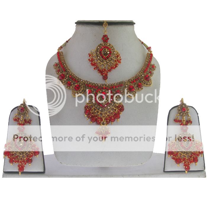 RED COLOR ) LCT CZ BEADS VERY BEAUTIFUL NECKLACE EARRINGS TIKKA SET 