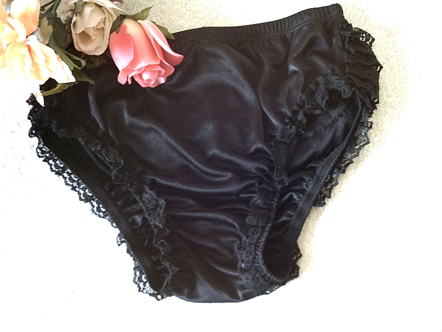 Sissy French Maid Lolita Black Nylon Satin Ruffle Lace Panties Frilly ...