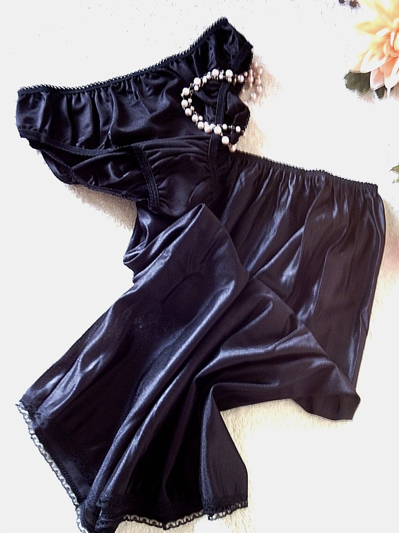 Classic Vintage Ladies Black Nylon Waist Slip & Bikini Panties Set WMS ...